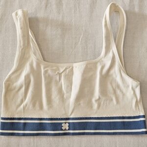 Lucky Brand Women's Medium Basic Sports Bra Stretch Logo White Blue Ribbed